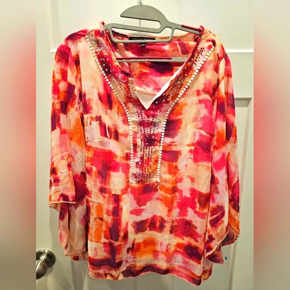 Always Indigo Embellished Abstract Print Blouse M Pink Orange Boho Tunic Top